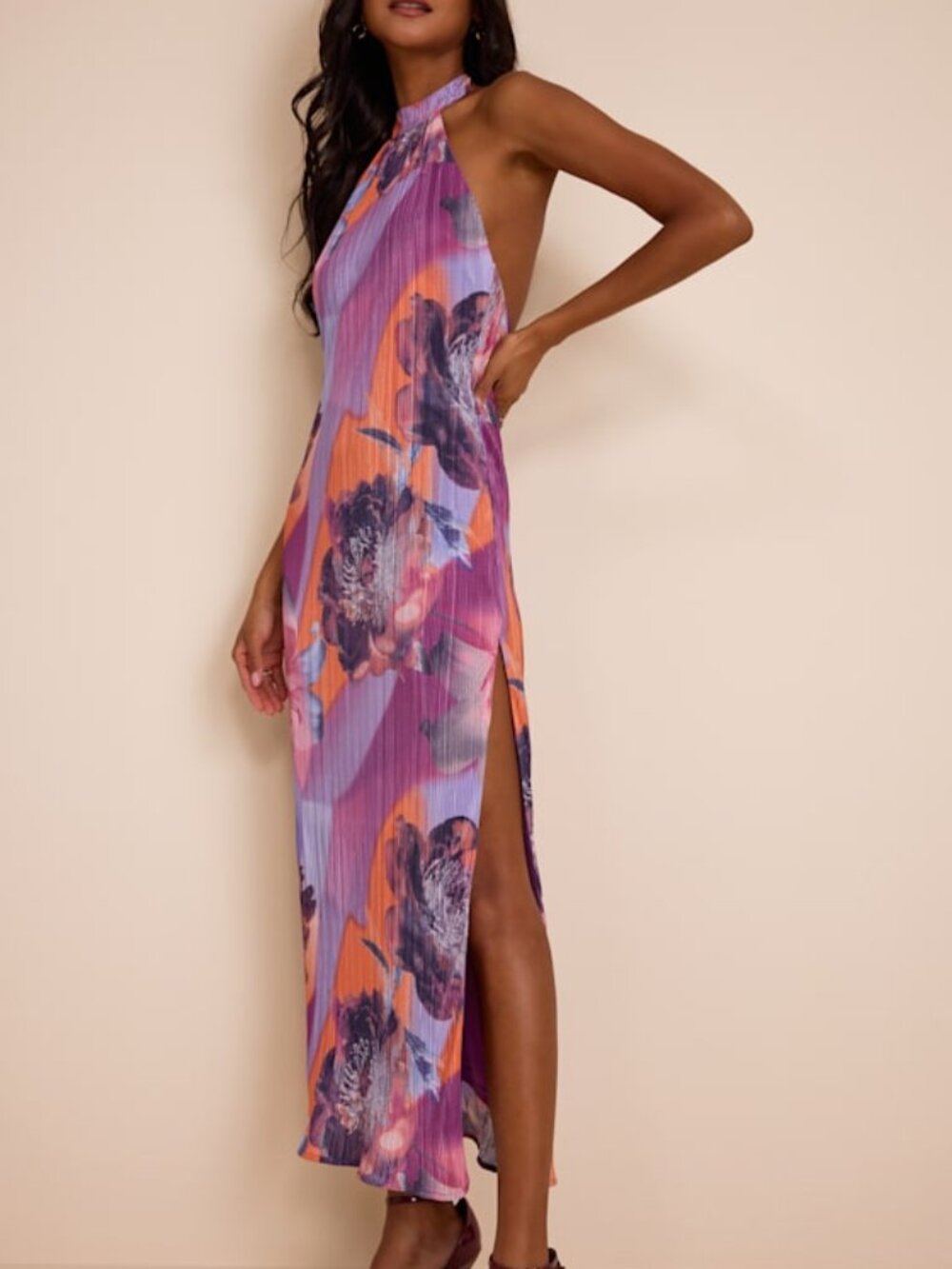 Lulus Luala Purple Multi Print Plisse Backless Maxi Dress - Size M